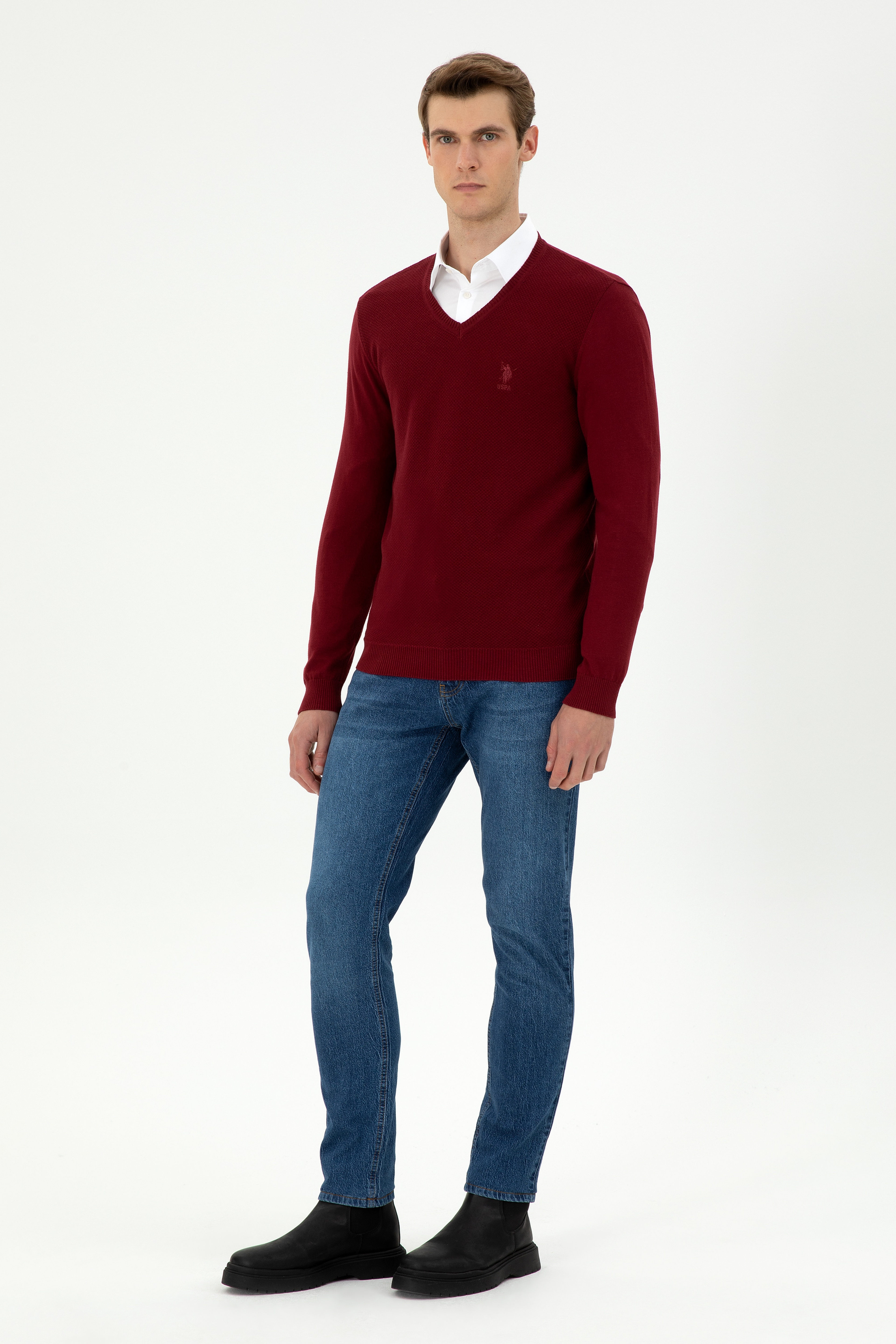 Erkek Slim Fit V Yaka Bordo Basic Kazak