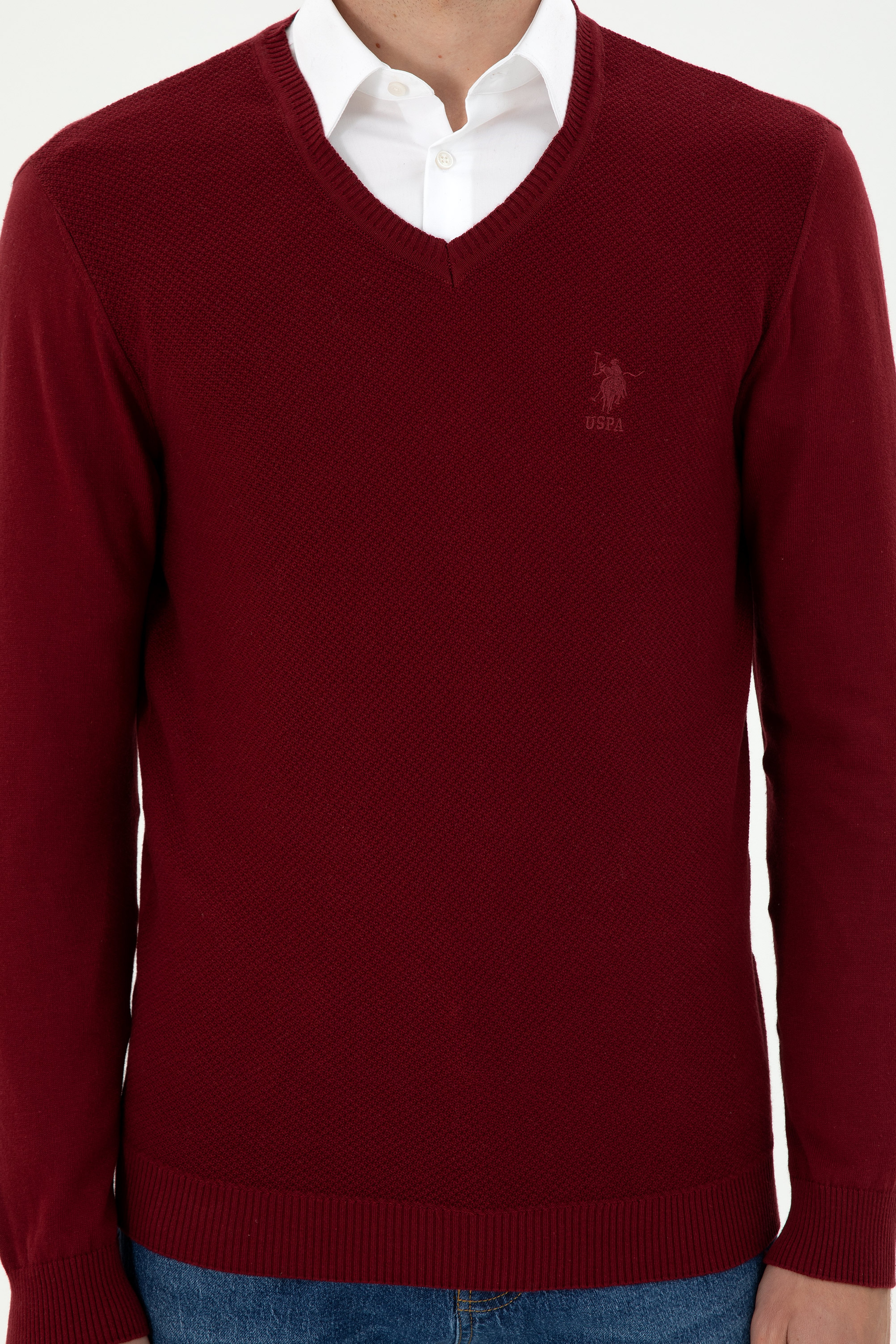 Erkek Slim Fit V Yaka Bordo Basic Kazak