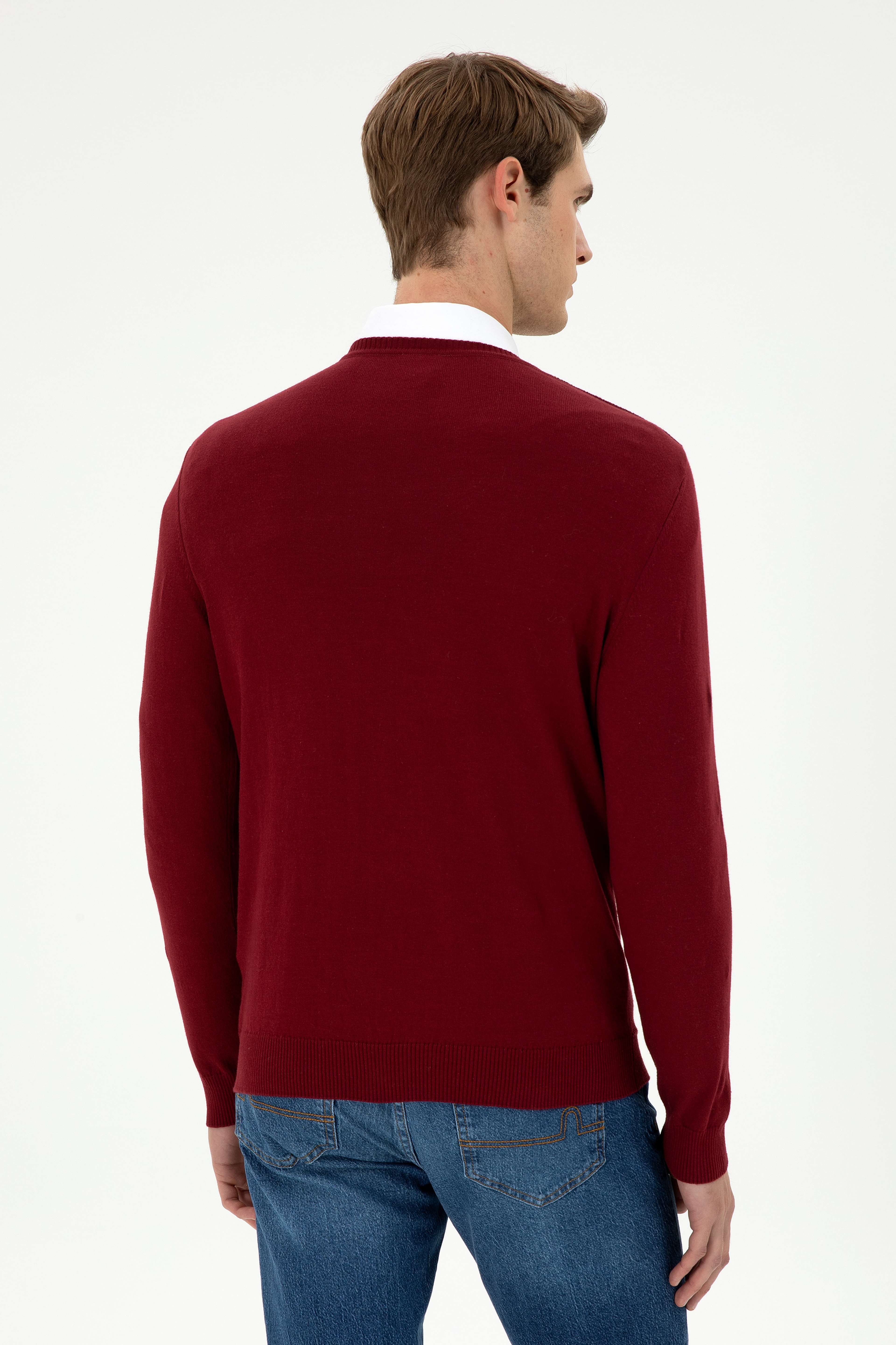 Erkek Slim Fit V Yaka Bordo Basic Kazak - Image 5