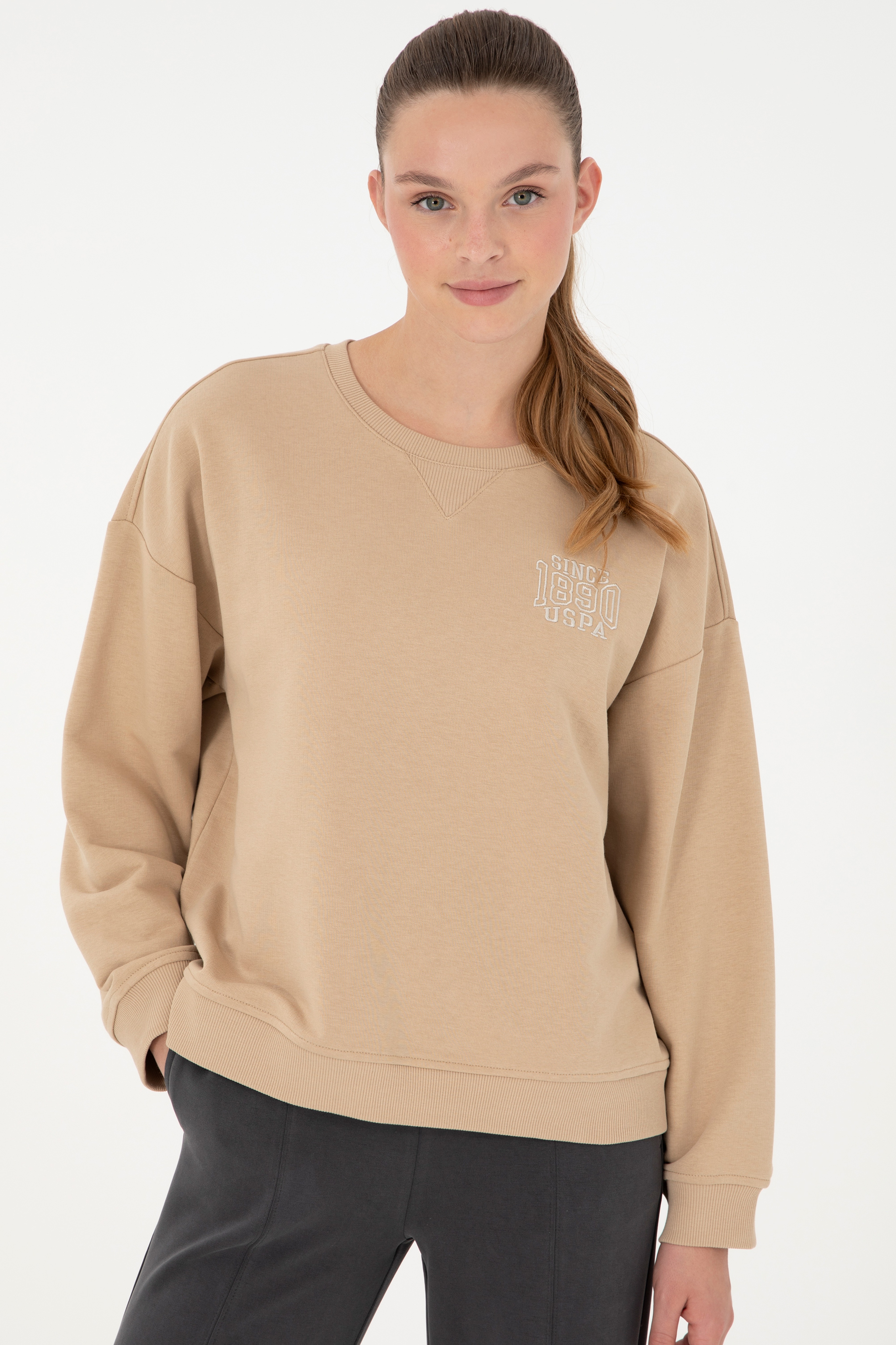Kadın Kum Bisiklet Yaka Sweatshirt