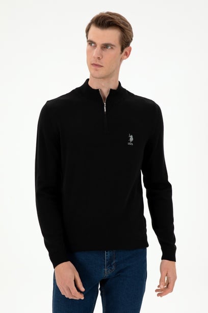 Erkek Slim Fit Yarım Fermuarlı Siyah Kazak