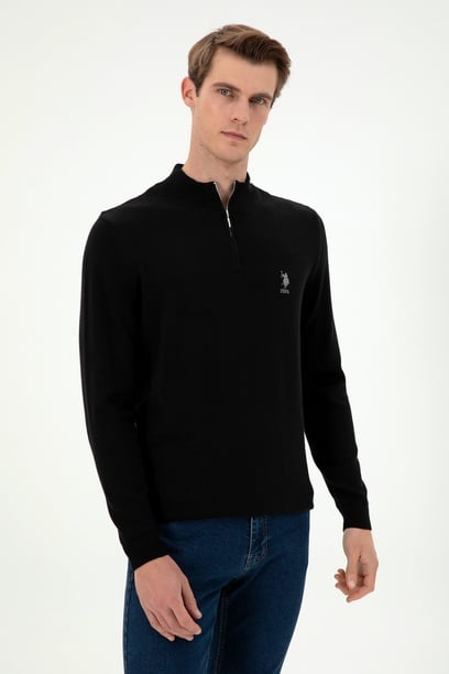Erkek Slim Fit Yarım Fermuarlı Siyah Kazak