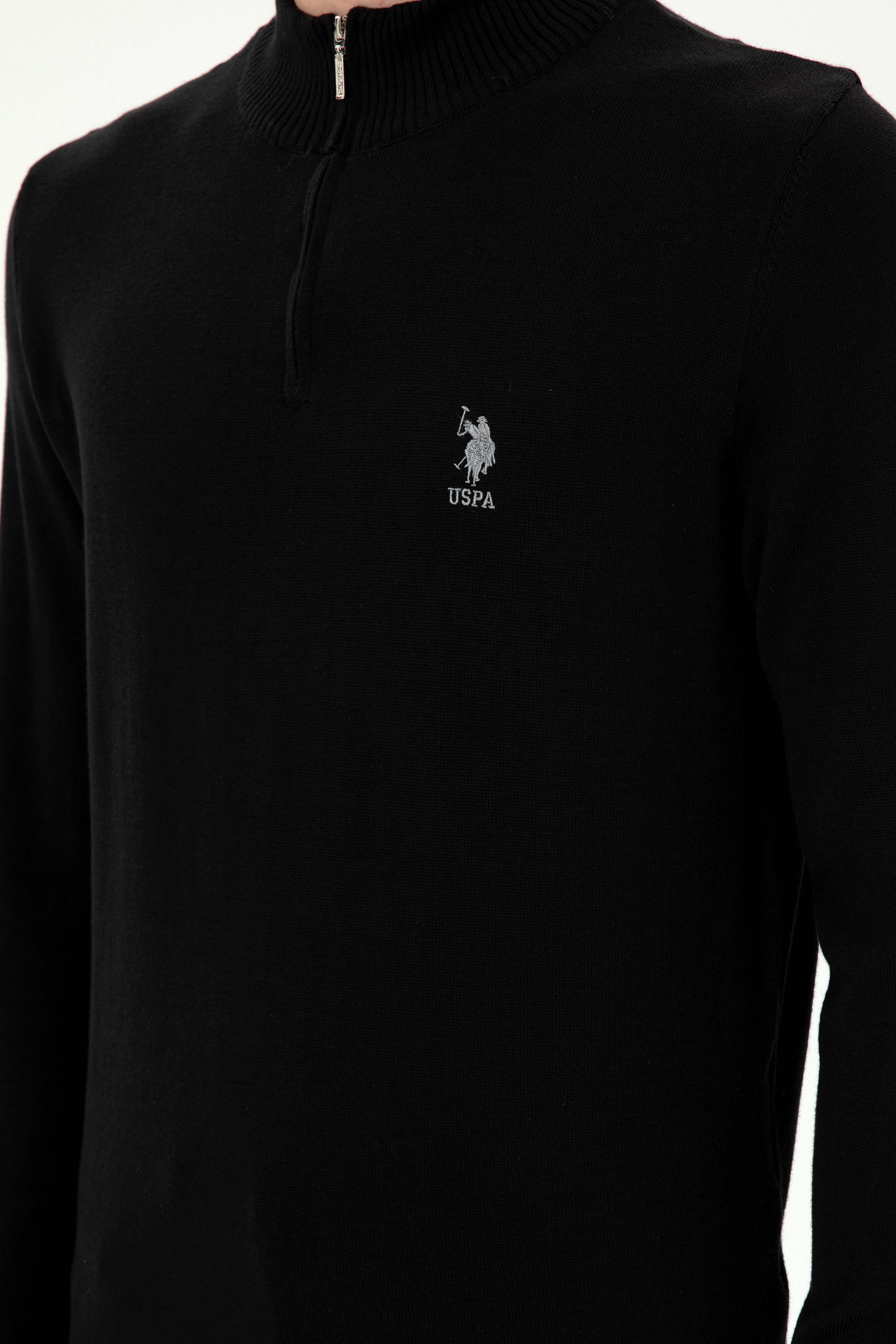 Erkek Slim Fit Yarım Fermuarlı Siyah Kazak - Image 7