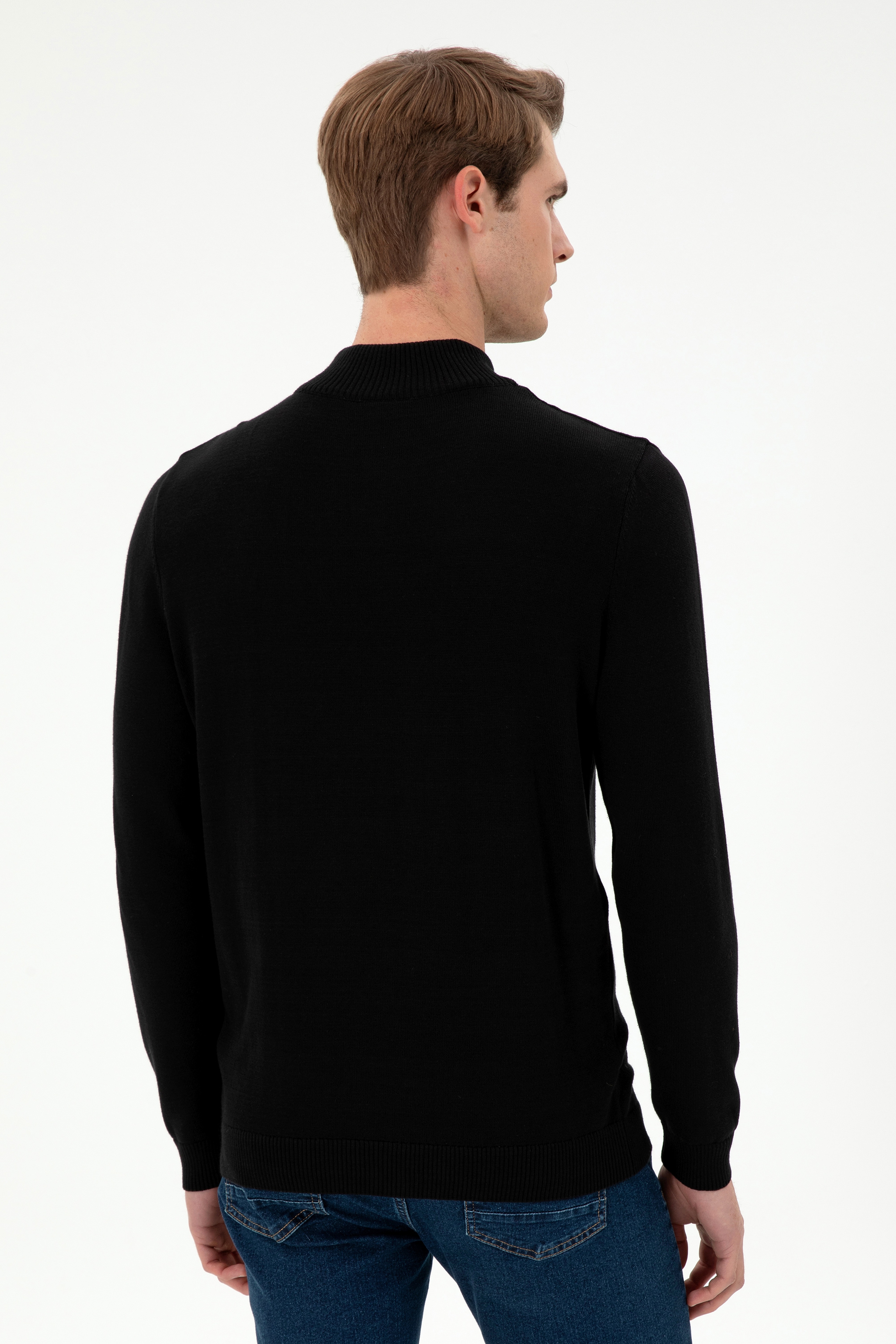 Erkek Slim Fit Yarım Fermuarlı Siyah Kazak - Image 5