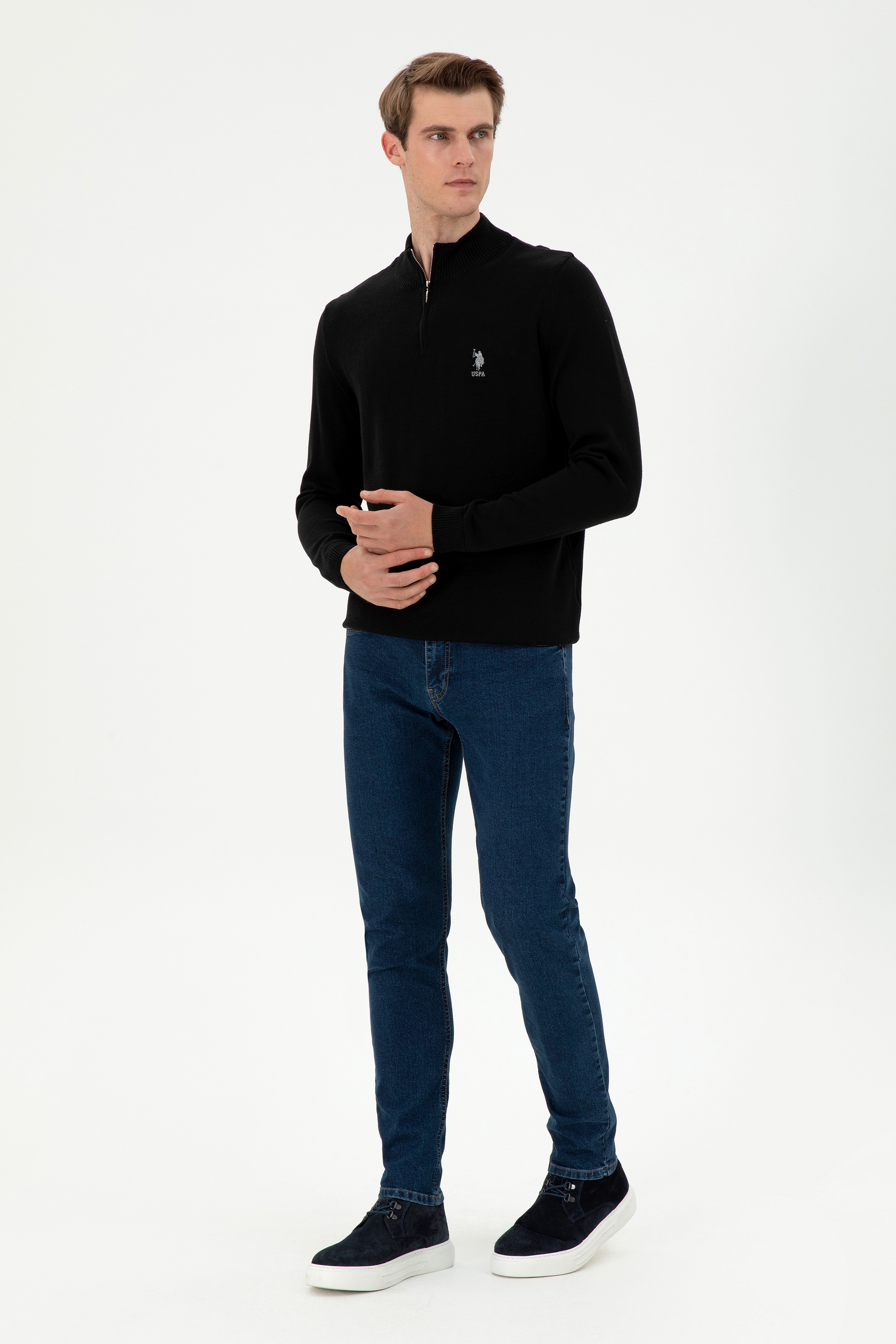 Erkek Slim Fit Yarım Fermuarlı Siyah Kazak