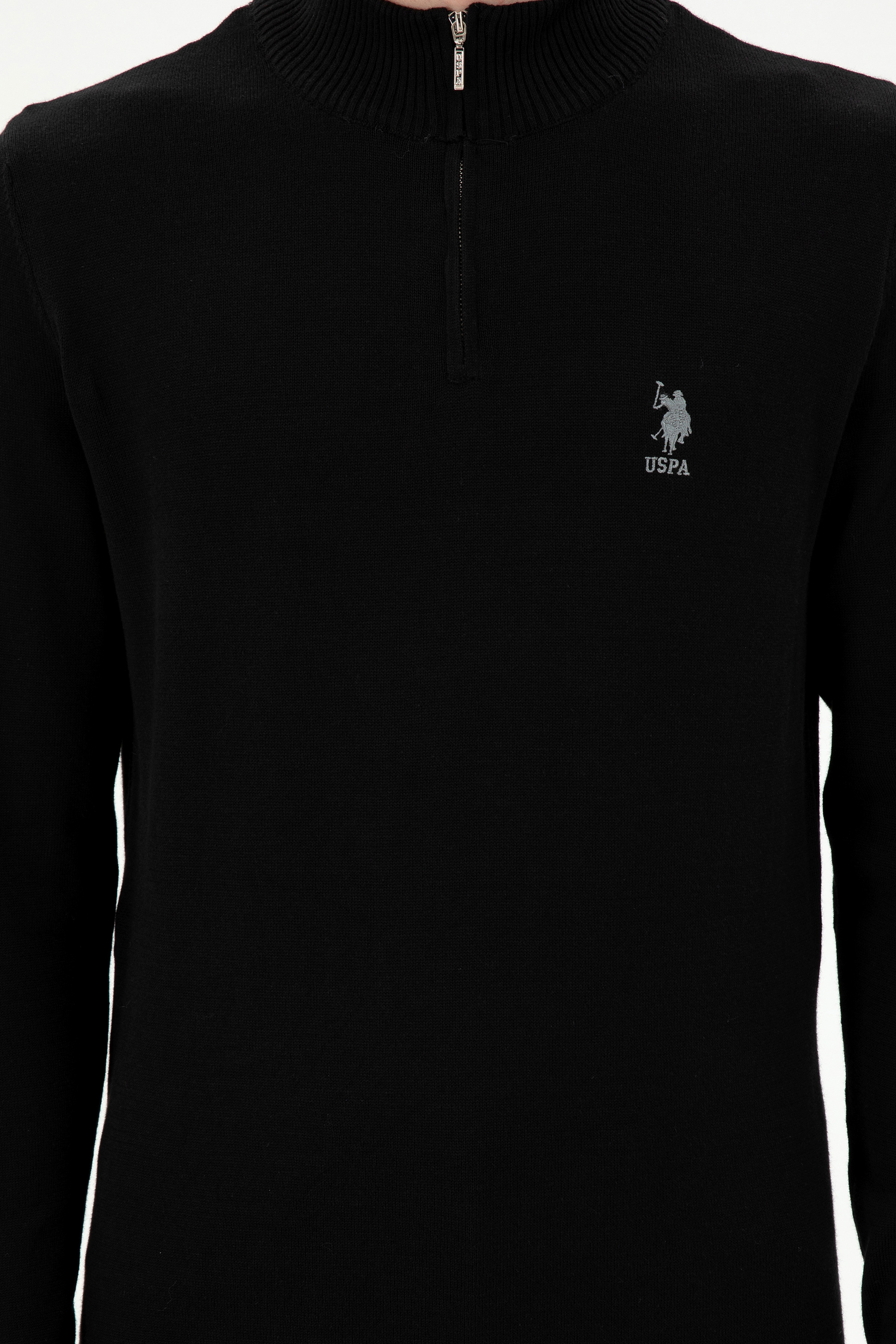 Erkek Slim Fit Yarım Fermuarlı Siyah Kazak