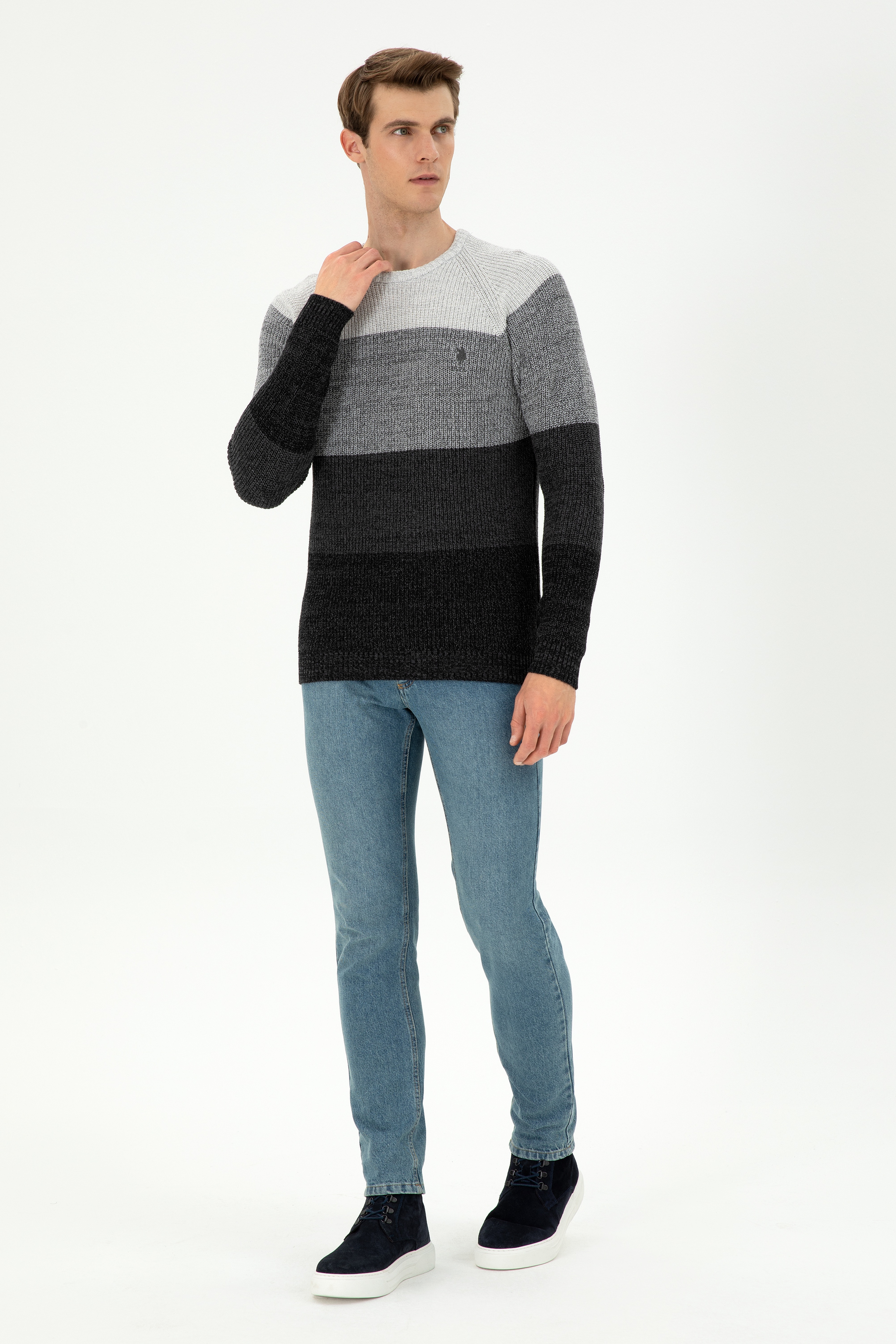 Erkek Slim Fit Bisiklet Yaka Antrasit Melanj Kazak