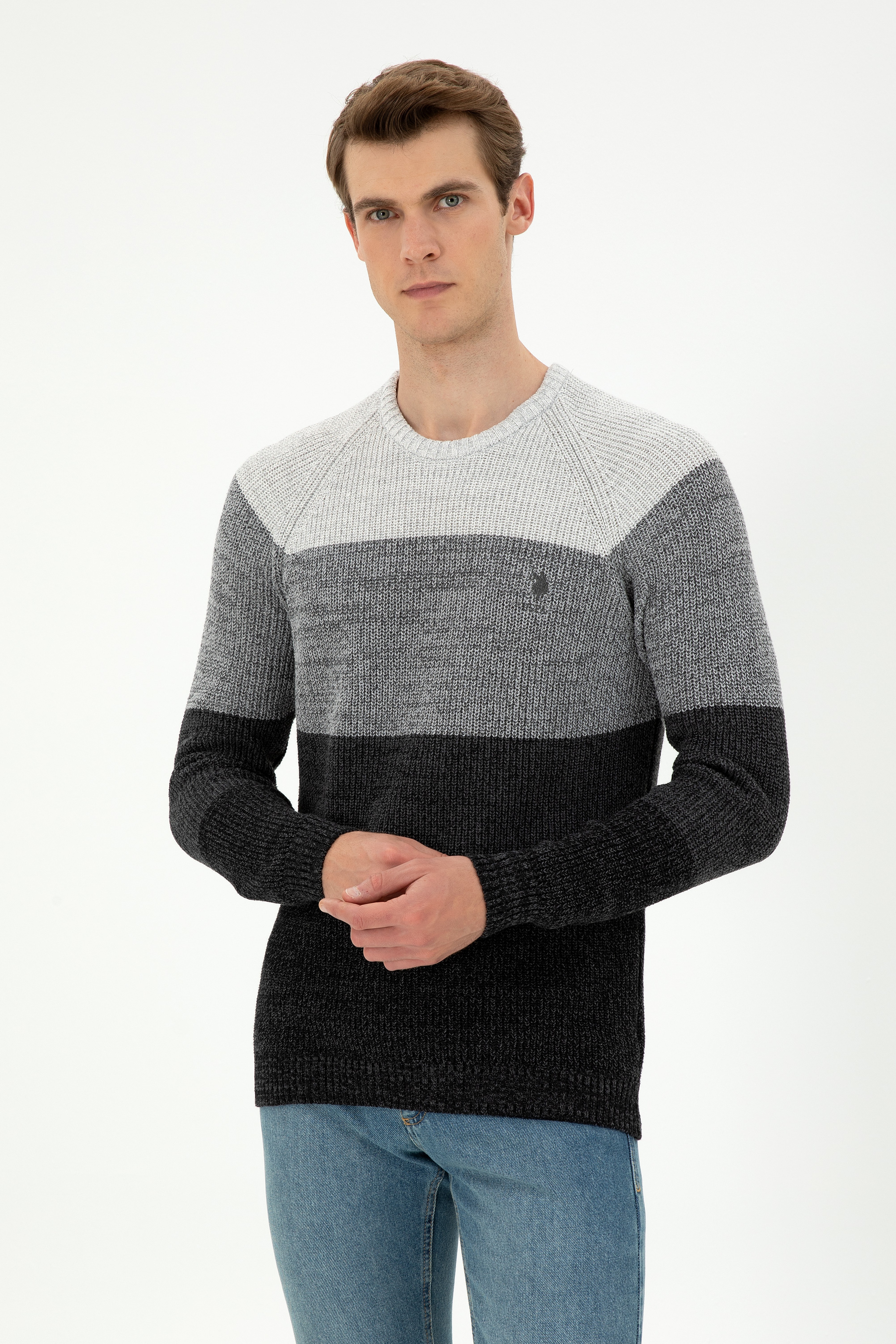 Erkek Slim Fit Bisiklet Yaka Antrasit Melanj Kazak