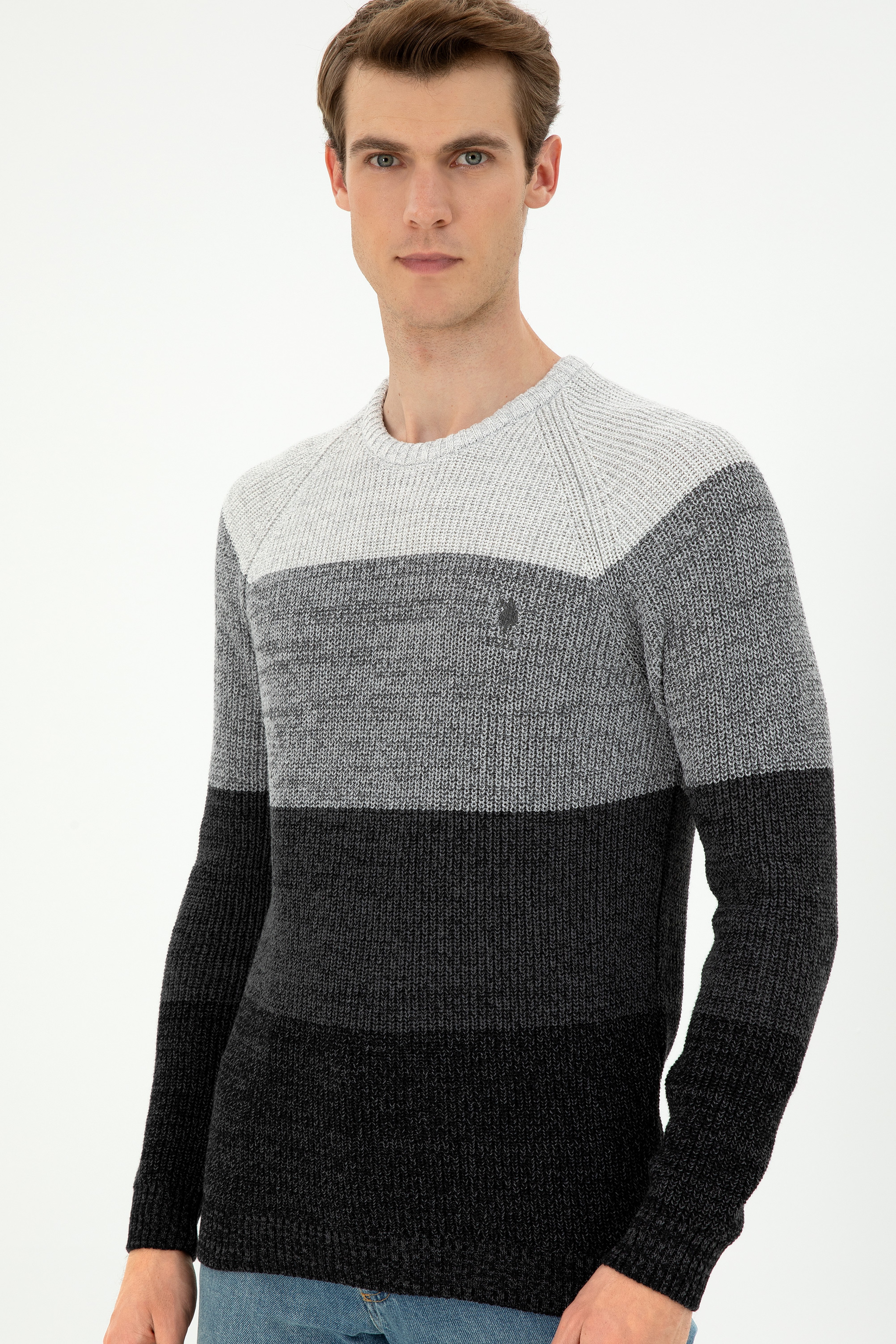 Erkek Slim Fit Bisiklet Yaka Antrasit Melanj Kazak - Image 3