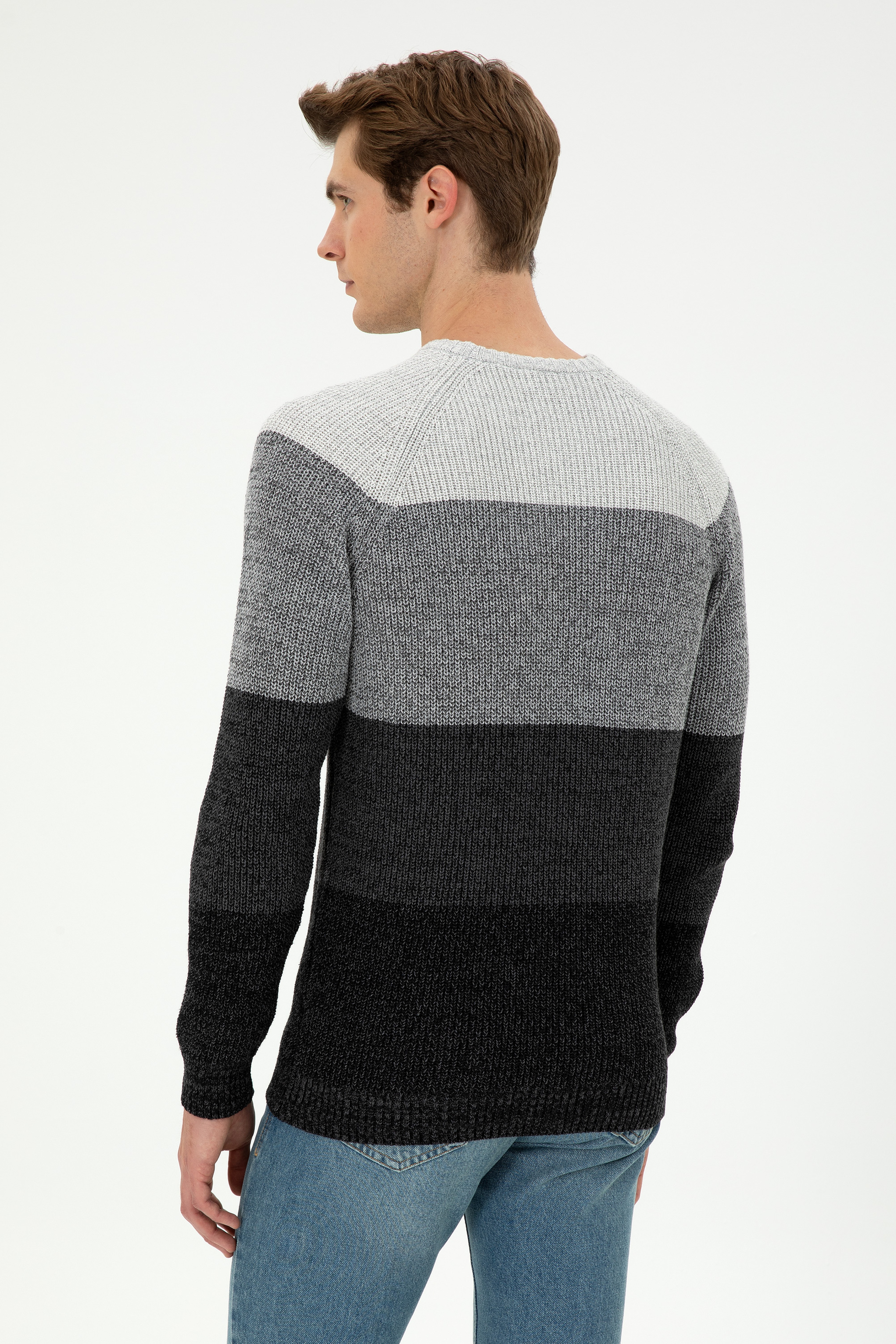 Erkek Slim Fit Bisiklet Yaka Antrasit Melanj Kazak - Image 5
