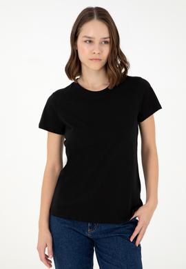 Kadın Siyah Bisiklet Yaka Basic Tişört - 50296152052