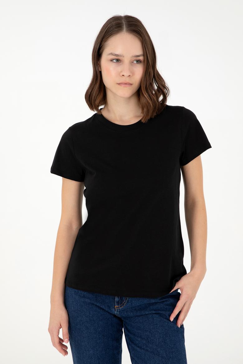 Kadın Siyah Bisiklet Yaka Basic Tişört - 50296152052