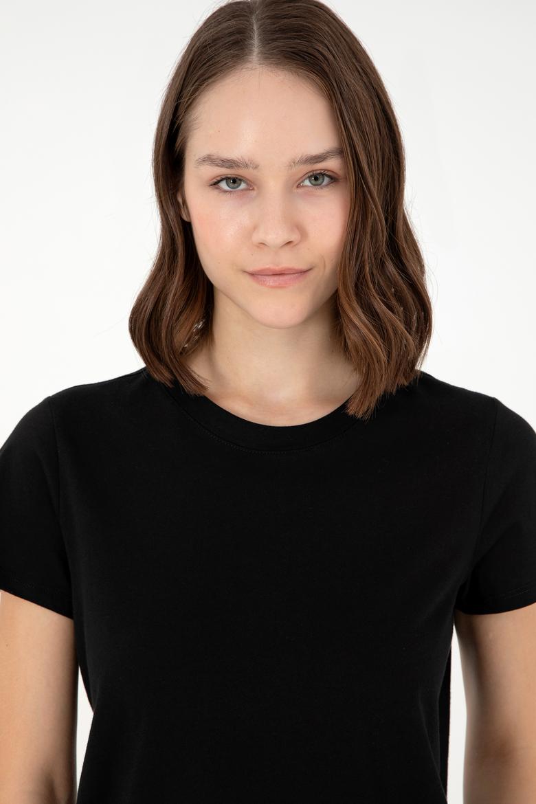 Kadın Siyah Bisiklet Yaka Basic Tişört - 50296152052