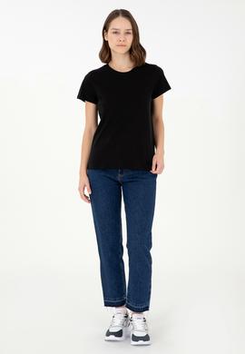 Kadın Siyah Bisiklet Yaka Basic Tişört - 50296152052