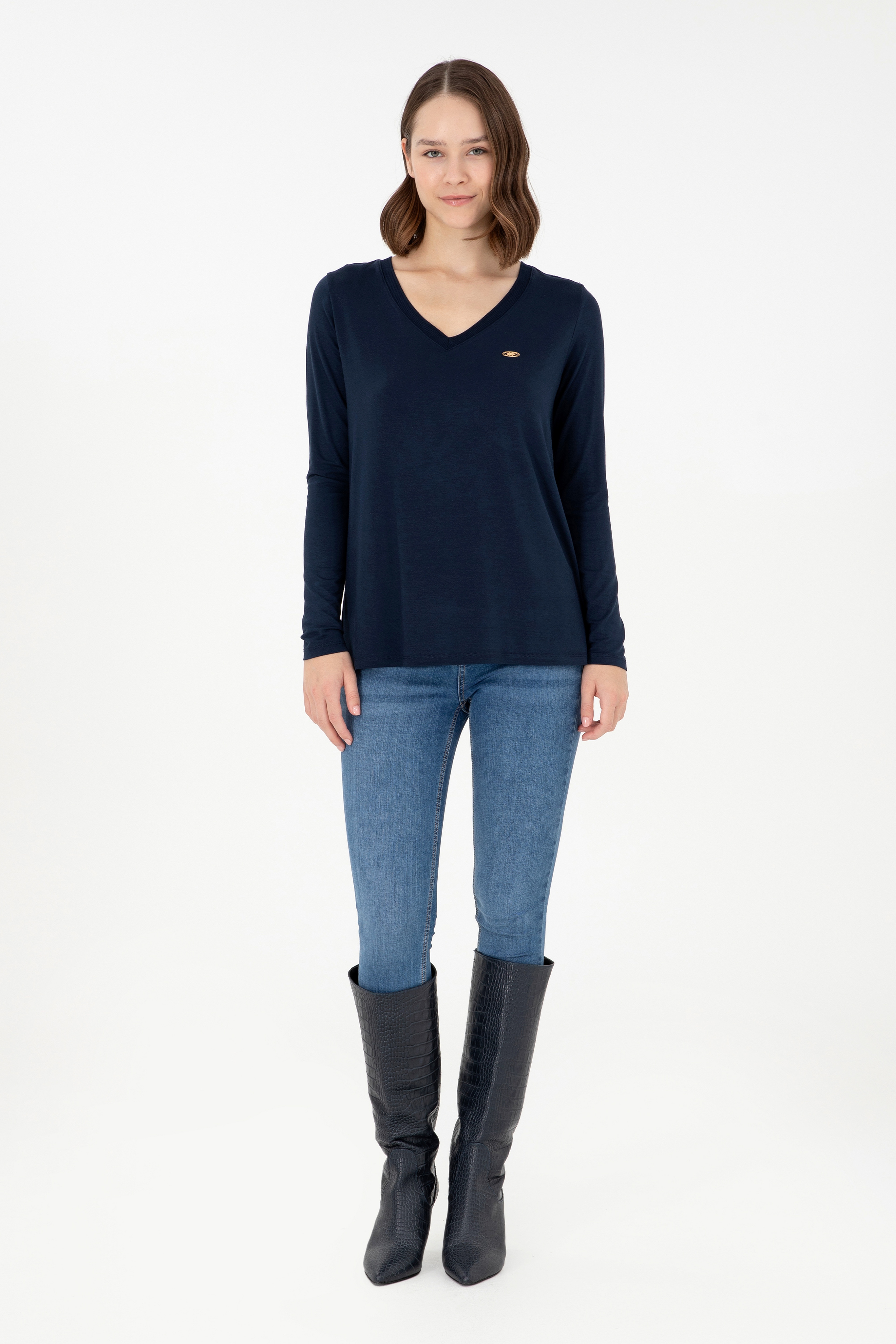 Kadın Lacivert V Yaka Sweatshirt