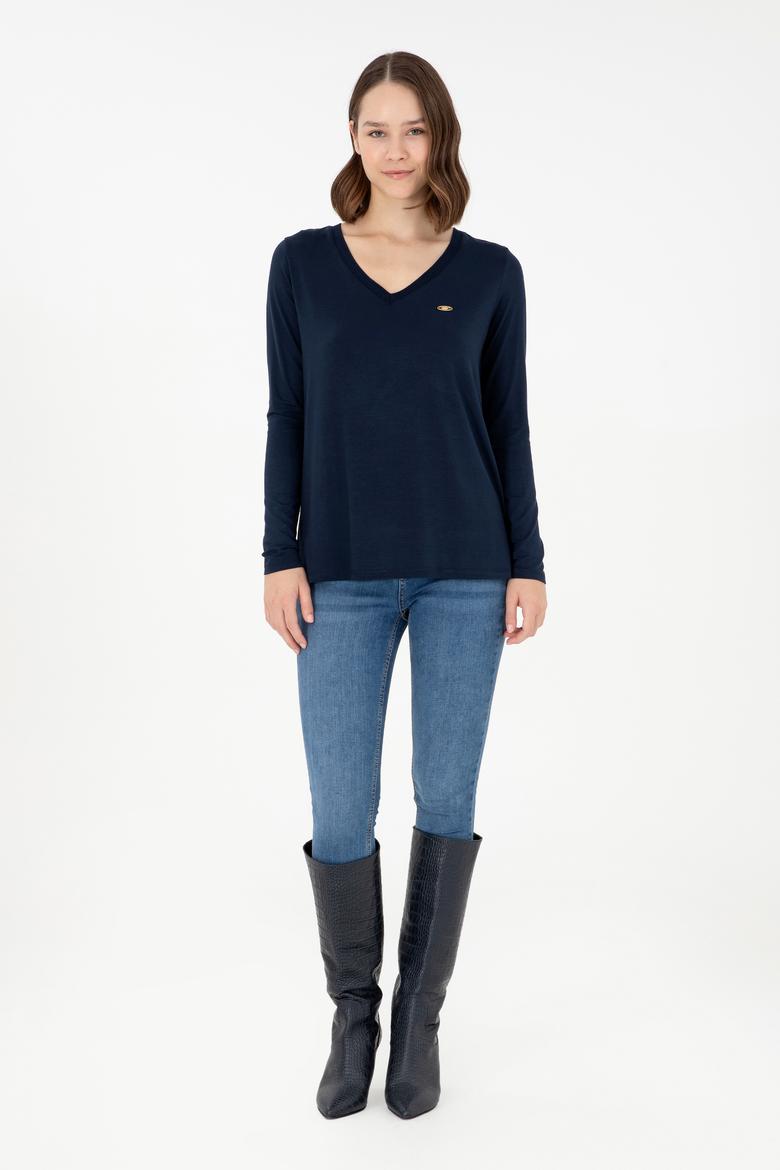 Kadın Lacivert V Yaka Sweatshirt - 50289542030