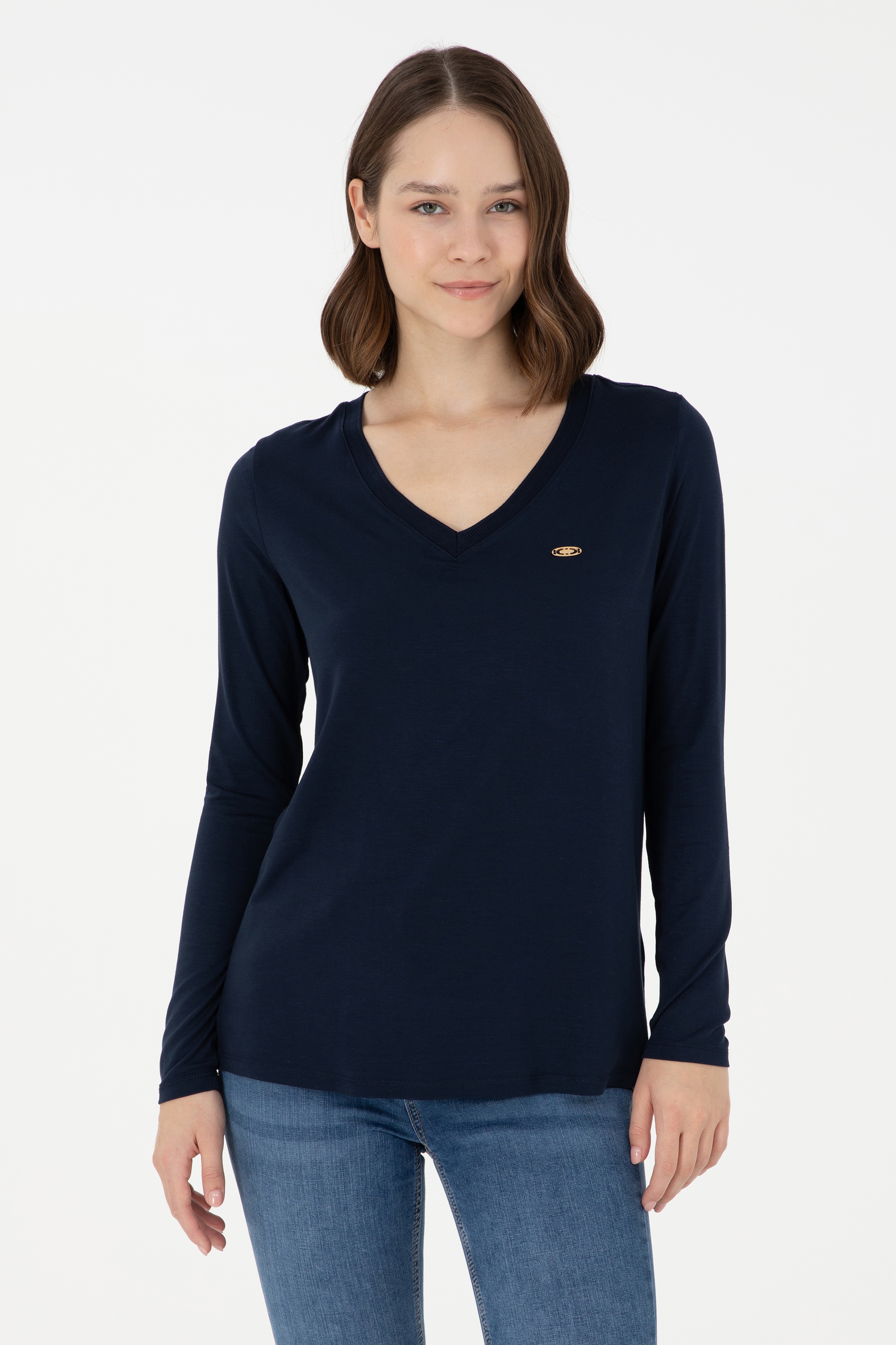 Kadın Lacivert V Yaka Sweatshirt - Image 1