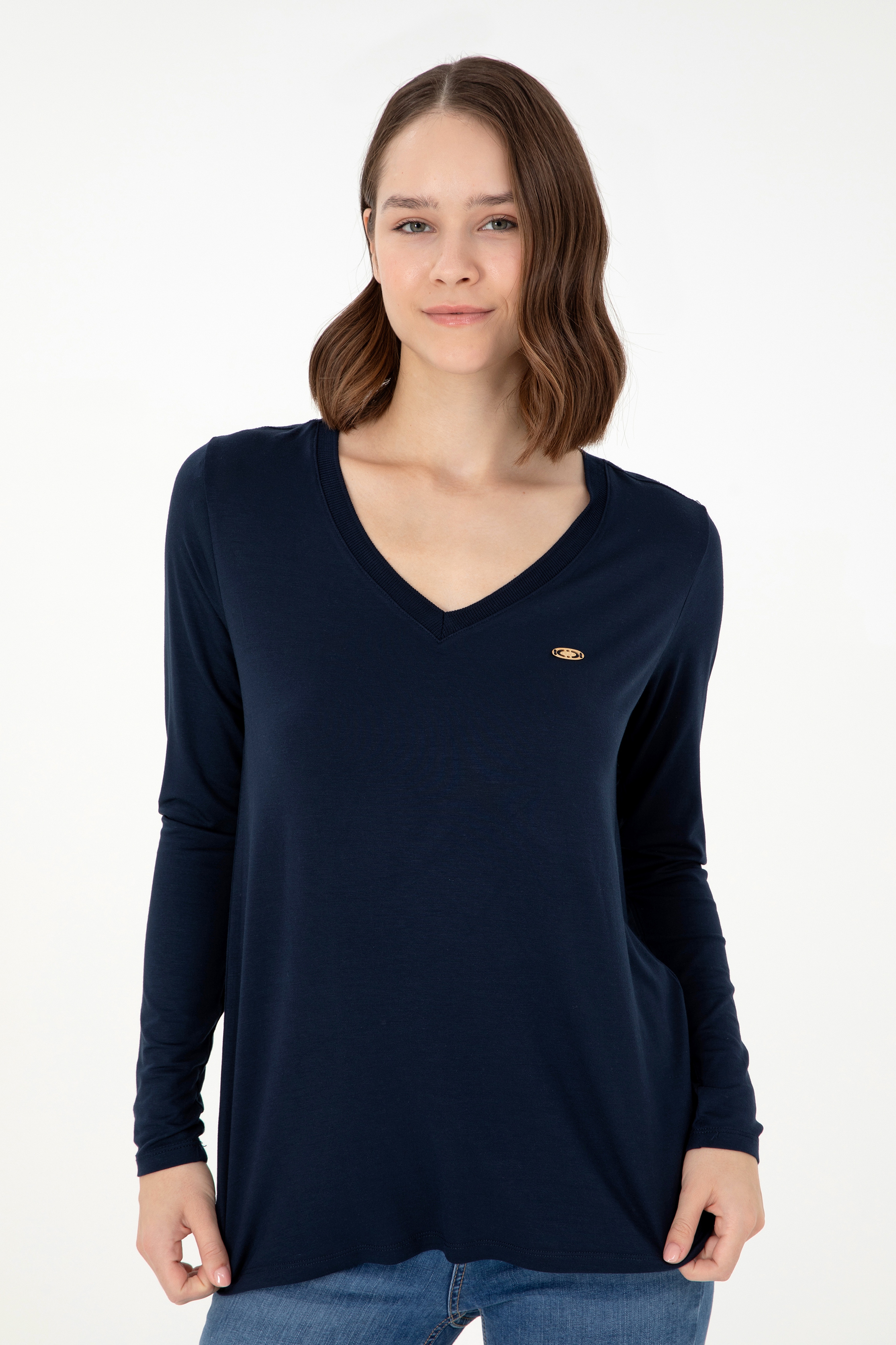 Kadın Lacivert V Yaka Sweatshirt - Image 3
