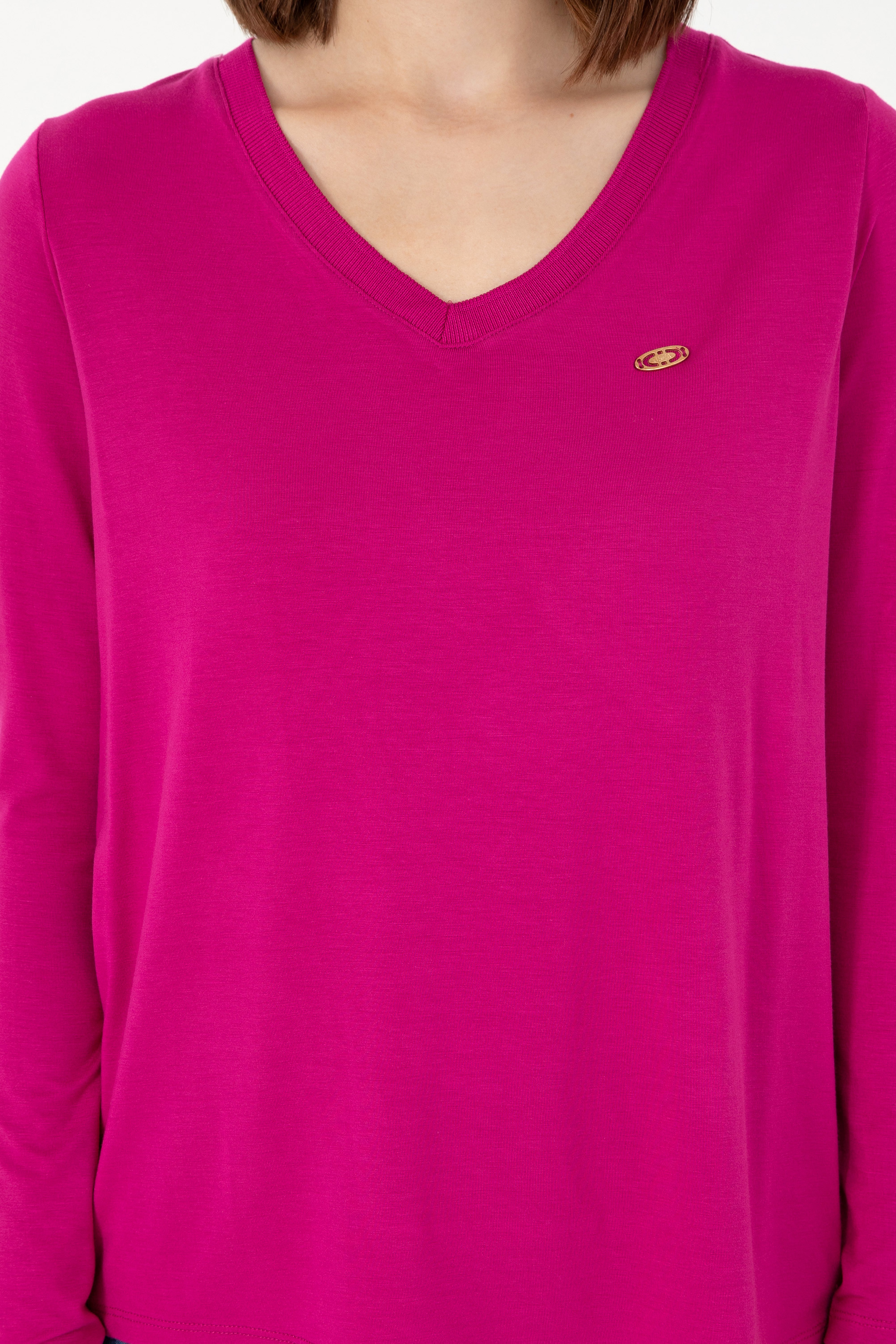 Kadın Fuşya V Yaka Sweatshirt