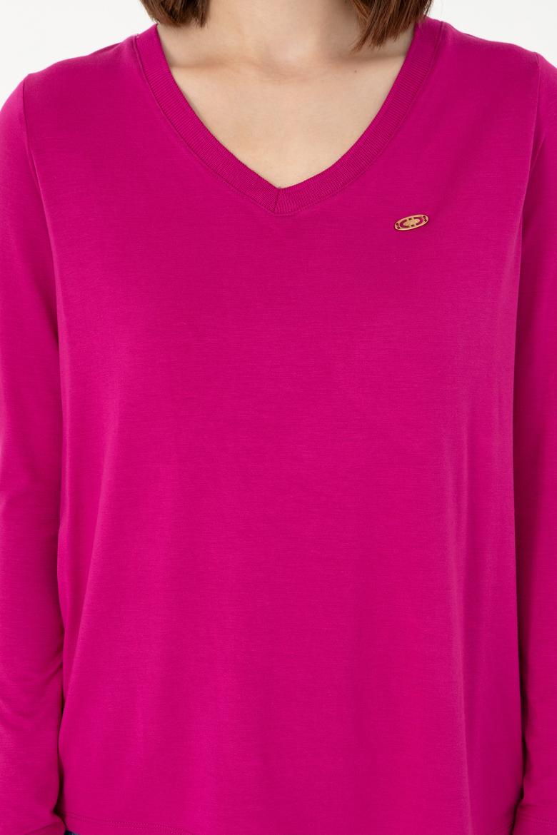 Kadın Fuşya V Yaka Sweatshirt - 50289542134