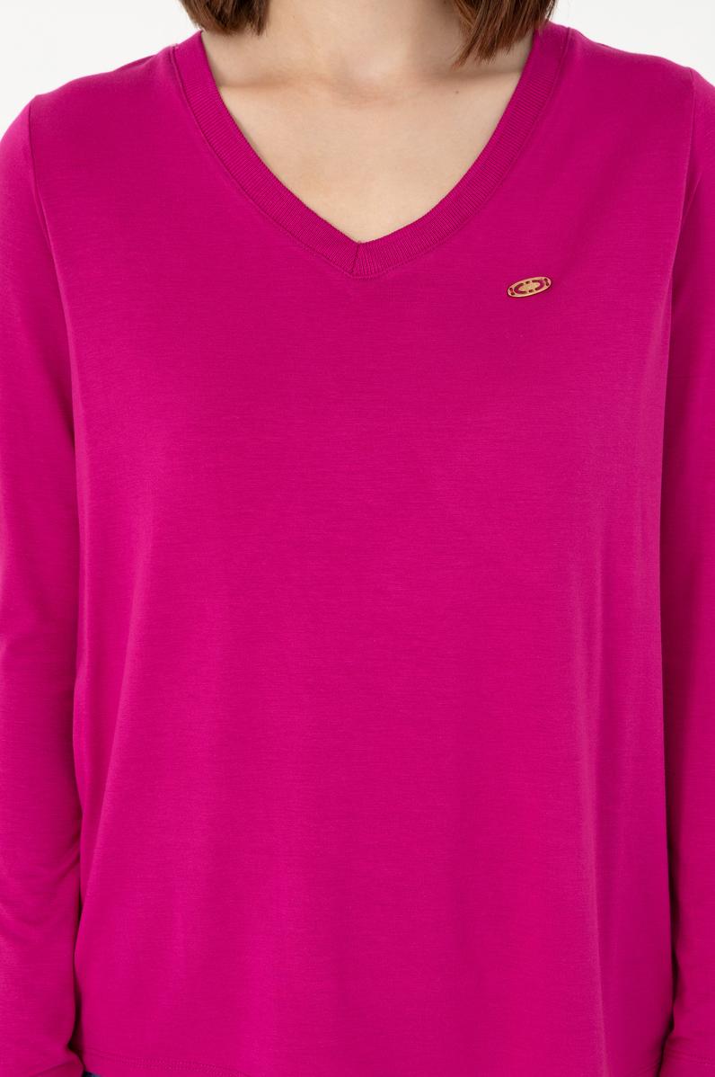 Kadın Fuşya V Yaka Sweatshirt