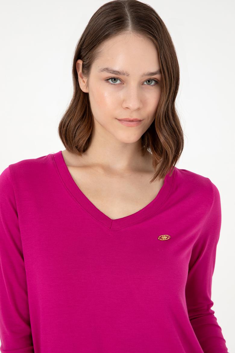 Kadın Fuşya V Yaka Sweatshirt - 50289542134