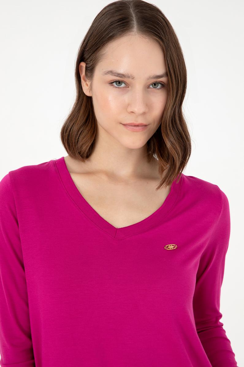 Kadın Fuşya V Yaka Sweatshirt