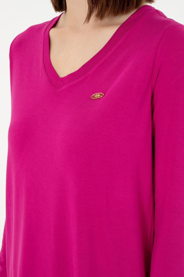 Kadın Fuşya V Yaka Sweatshirt - 50289542134