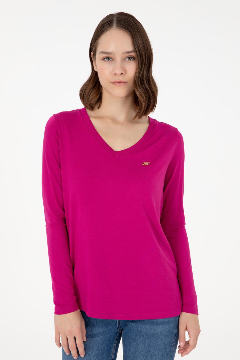 Kadın Fuşya V Yaka Sweatshirt - 50289542134