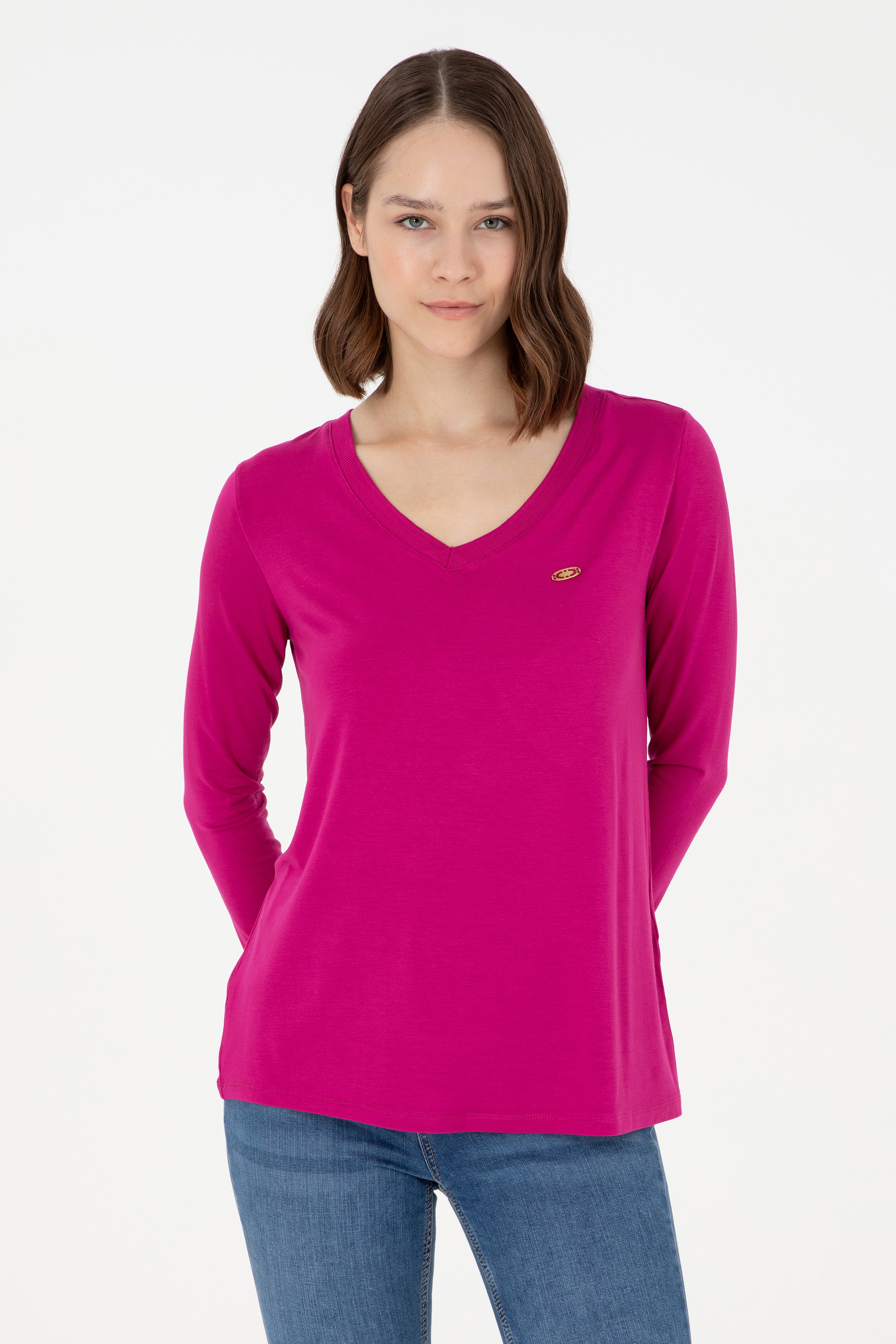 Kadın Fuşya V Yaka Sweatshirt - Image 1