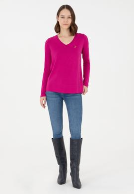 Kadın Fuşya V Yaka Sweatshirt - 50289542134