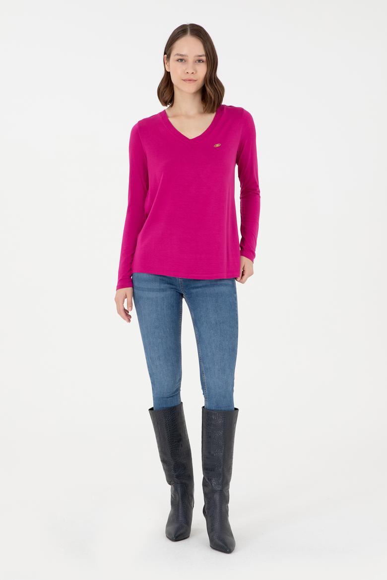 Kadın Fuşya V Yaka Sweatshirt - 50289542134