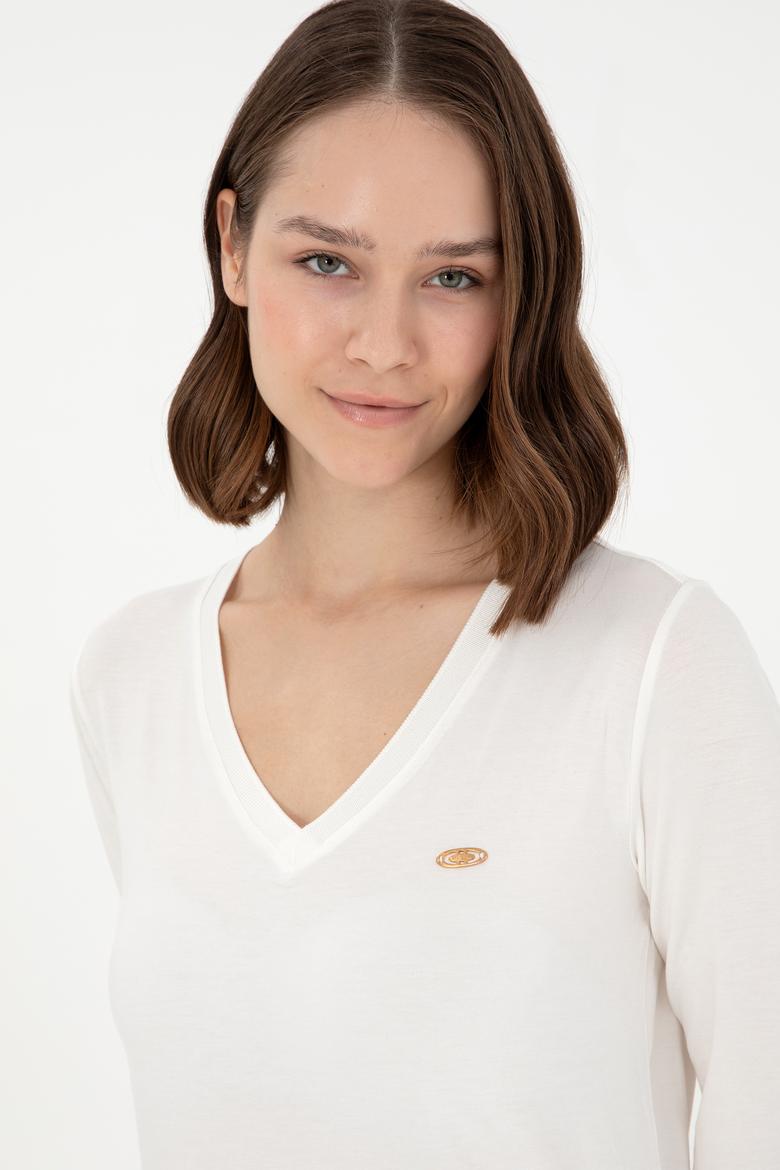 Kadın Krem V Yaka Sweatshirt - 50289542110