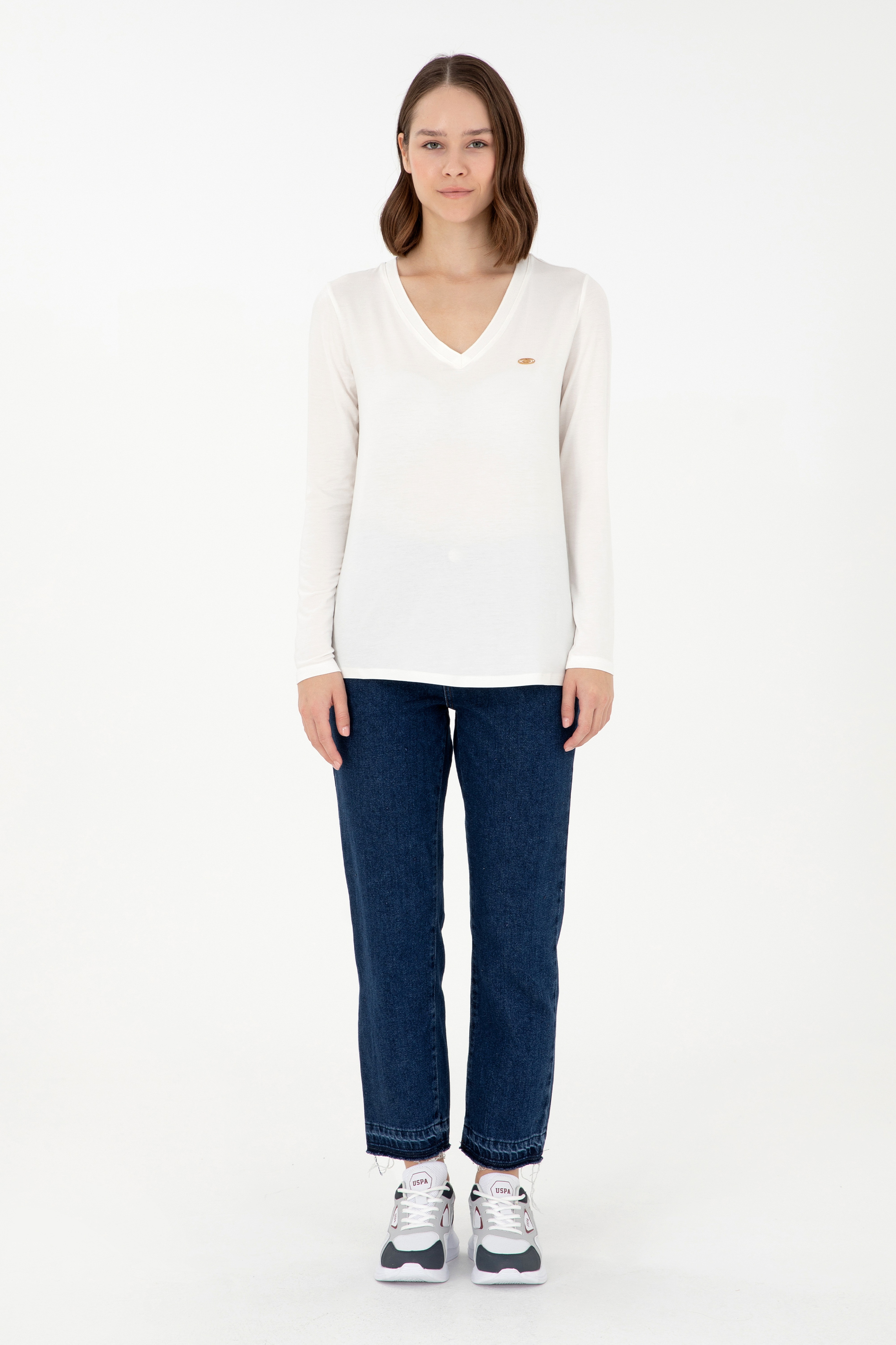 Kadın Krem V Yaka Sweatshirt - Image 4