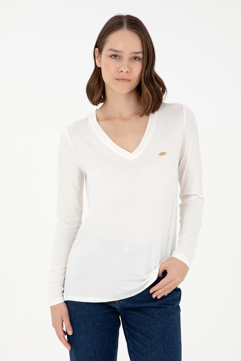 Kadın Krem V Yaka Sweatshirt