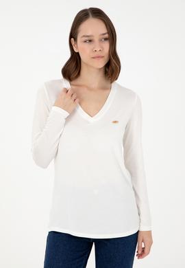 Kadın Krem V Yaka Sweatshirt - 50289542110