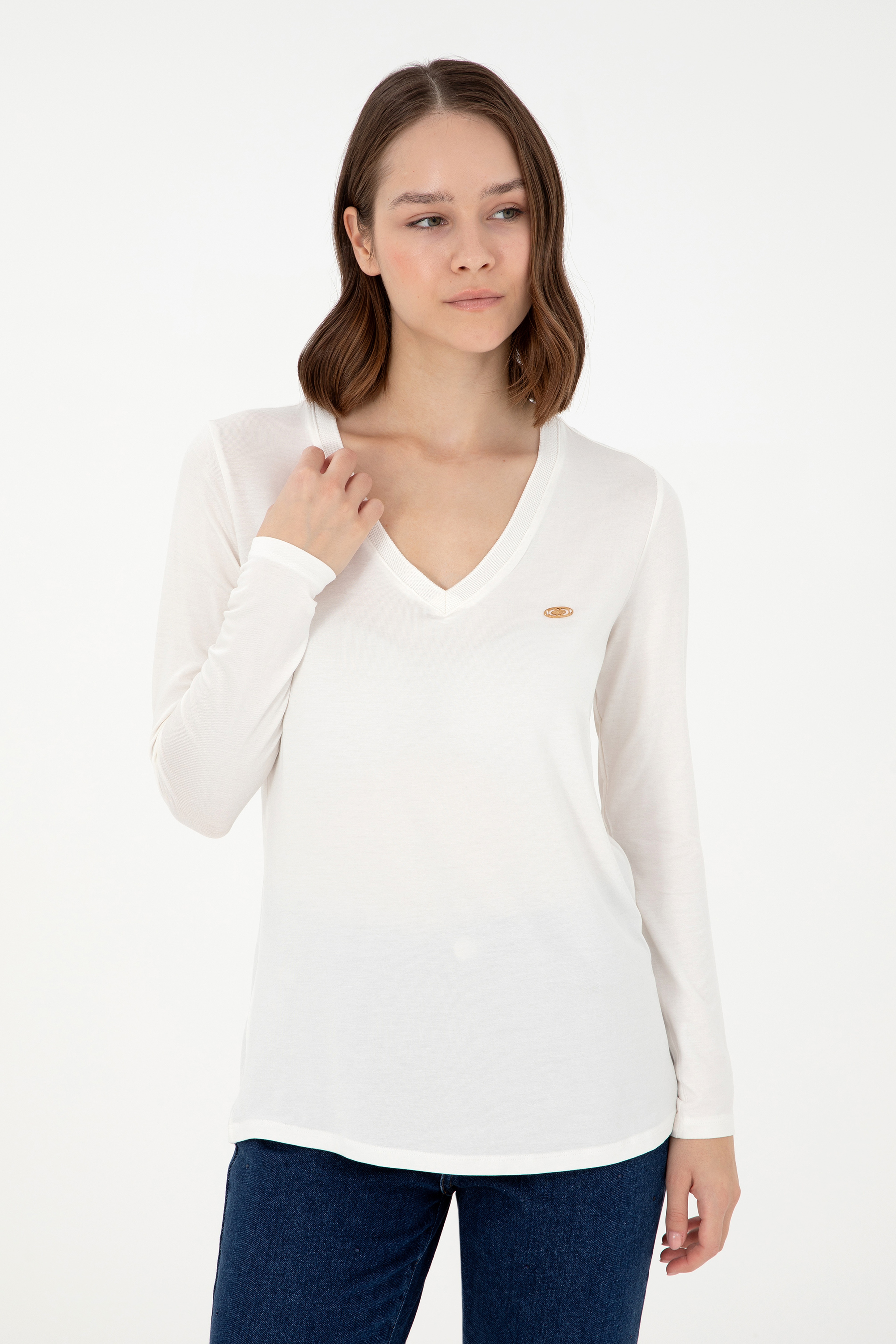 Kadın Krem V Yaka Sweatshirt - Image 3