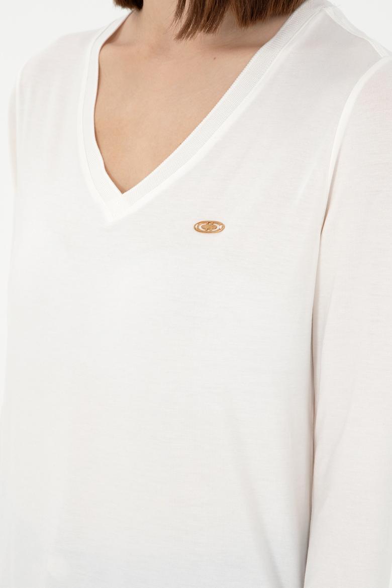 Kadın Krem V Yaka Sweatshirt - 50289542110