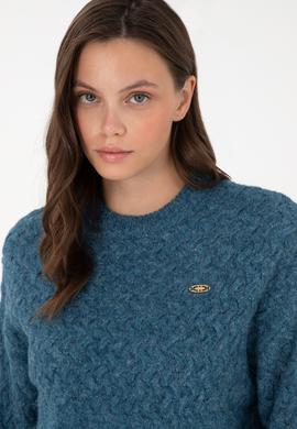 Kadın İndigo Melanj Bisiklet Yaka Kazak - 50293156014