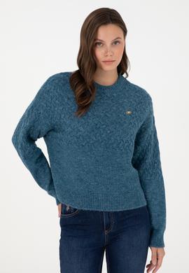 Kadın İndigo Melanj Bisiklet Yaka Kazak - 50293156014