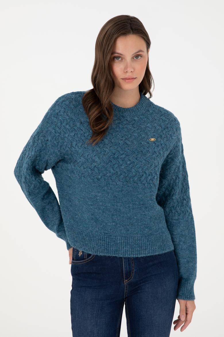 Kadın İndigo Melanj Bisiklet Yaka Kazak - 50293156014