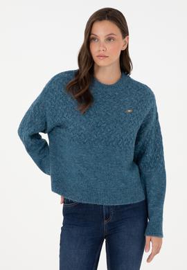 Kadın İndigo Melanj Bisiklet Yaka Kazak - 50293156014