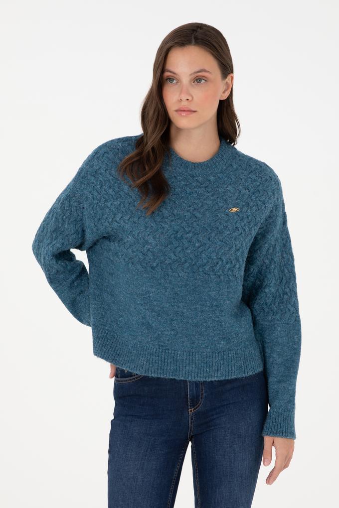 Kadın İndigo Melanj Bisiklet Yaka Kazak