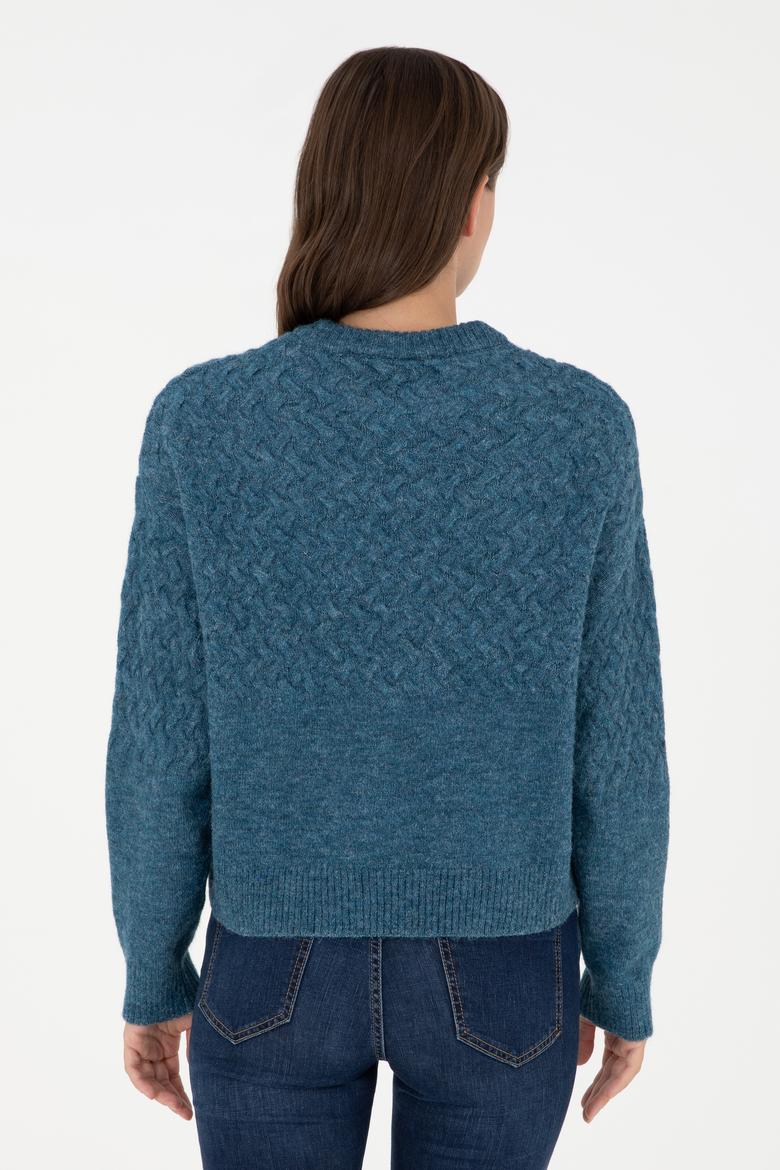 Kadın İndigo Melanj Bisiklet Yaka Kazak - 50293156014