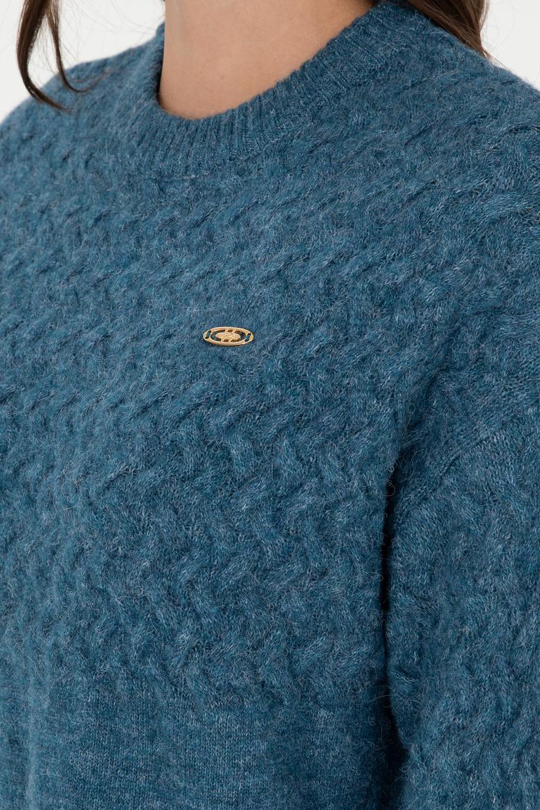 Kadın İndigo Melanj Bisiklet Yaka Kazak - 50293156014