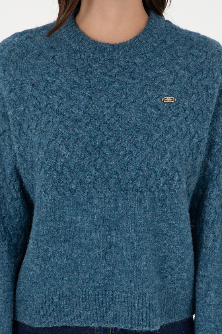 Kadın İndigo Melanj Bisiklet Yaka Kazak - 50293156014