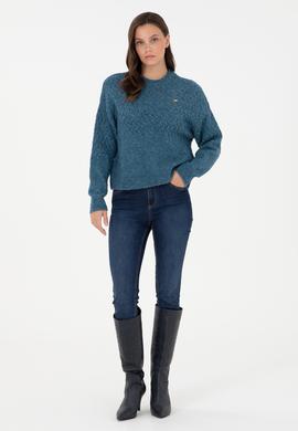 Kadın İndigo Melanj Bisiklet Yaka Kazak - 50293156014