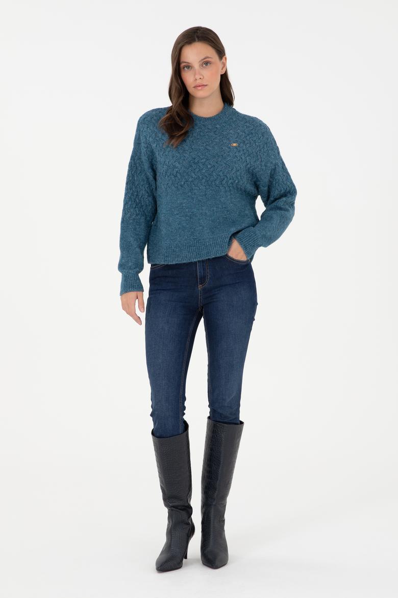 Kadın İndigo Melanj Bisiklet Yaka Kazak - 50293156014