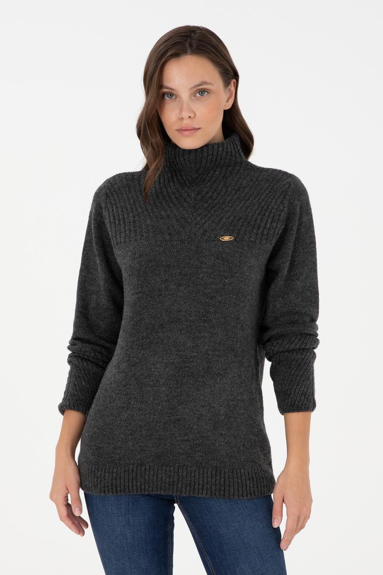 Kadın Antrasit Melanj Balıkçı Yaka Kazak