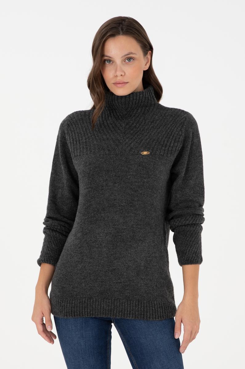 Kadın Antrasit Melanj Balıkçı Yaka Kazak